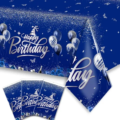 Miniatura 10 de Decoraciones de feliz cumpleaños, mantel dorado y negro, fundas rectangulares de plástico desechables para hombres y mujeres, fiesta de cumpleaños