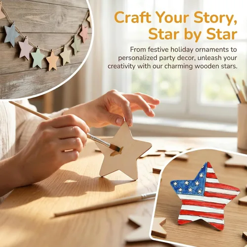 Miniatura 2 de IMIKEYA 50 piezas de estrellas de madera sin terminar: recortes de estrellas de madera natural para niños, pintura DIY, chips de madera, recortes