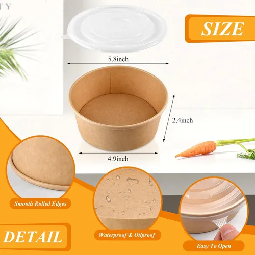 Miniatura 3 de 50 cuencos desechables de papel kraft con tapas, cuencos de papel de 25 onzas a prueba de fugas, suministros desechables para fiestas para servir