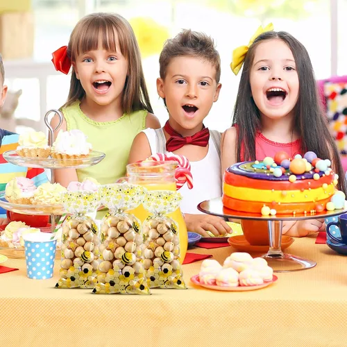 Miniatura 5 de Outus 100 bolsas de regalo de celofán para fiestas de abeja, bolsas de regalo de plástico con 100 lazos giratorios plateados para niños, cumpleaños