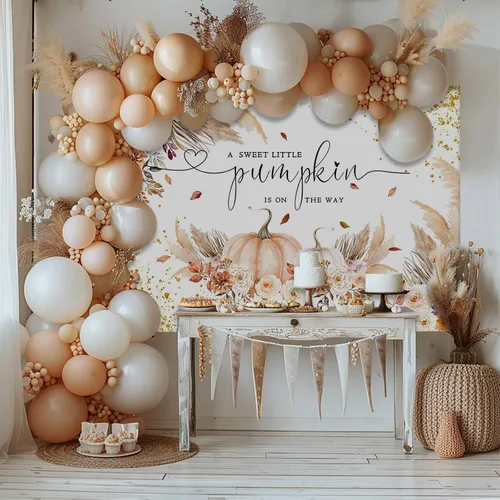 Miniatura 2 de Mocsicka Telón de fondo de calabaza para niñas y niños, decoración de fiesta de baby shower, estilo bohemio, rubor floral, A Little is On The Way