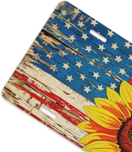 Miniatura 2 de Placa delantera retro con bandera americana y girasol para auto de mujer, placas decorativas de aluminio metálico, linda placa novedosa para hombre
