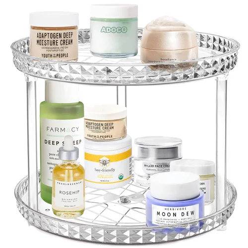 Miniatura 5 de Organizador de baño Lazy Susan de 2 niveles, organizador de maquillaje cosmético giratorio transparente de 360 grados para tocador, organizador