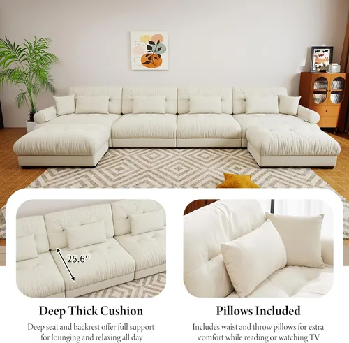 Miniatura 6 de Sofá modular de gran tamaño de 94 pulgadas, sofás seccionales grandes de color beige y blanco para sala de estar, juego de sofá de terciopelo, sofás