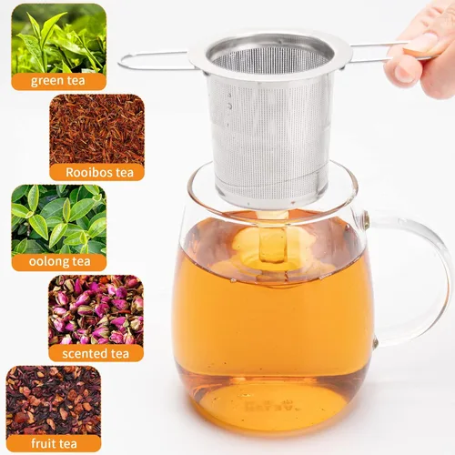 Miniatura 5 de Paquete de 2 coladores de té, cesta infusora de té de acero inoxidable que se asienta en tazas, infusores de té Evmliy para té suelto, difusor de té
