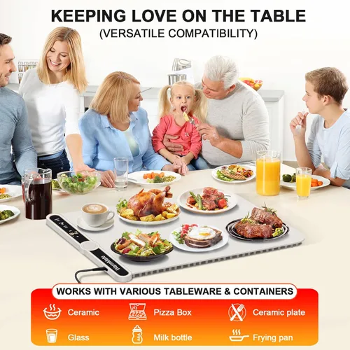 Miniatura 9 de Tapete de calentamiento de alimentos, bandeja de calentamiento eléctrica con control de precisión de temperatura de 9 niveles, temporizador de 6