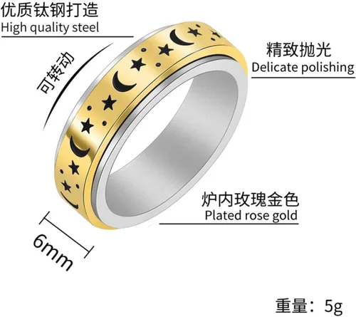 Miniatura 2 de Caiyao Anillo giratorio de acero inoxidable para mujeres y hombres, anillo giratorio con patrón de pentagrama y luna, antiestrés, alivio
