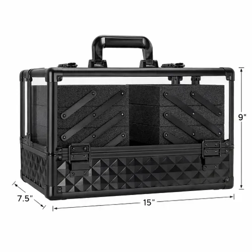 Miniatura 4 de Ver Beauty Estuche de tren de maquillaje de diamante negro con 6 bandejas de acordeón, organizador de cosméticos con cerradura