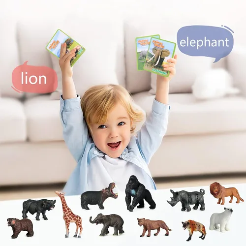 Miniatura 7 de SIENON 12 figuras de animales salvajes con tarjetas, figuras realistas de plástico de zoológico de selva con elefante, león, jirafa, oso, gorila