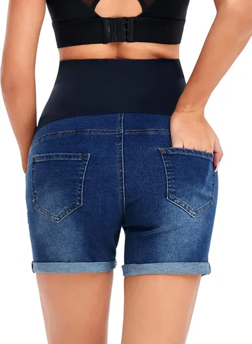 Miniatura 4 de HOFISH Pantalones cortos de mezclilla de maternidad para mujer, elásticos, cómodos, pantalones cortos de mezclilla casuales para entrenamiento