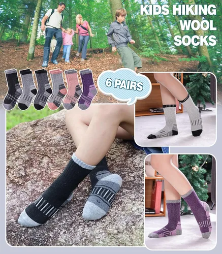 Miniatura 2 de Calcetines de senderismo de lana merino para niños y niñas, para invierno, cálidos, gruesos, térmicos, calcetines de regalo, 6 pares
