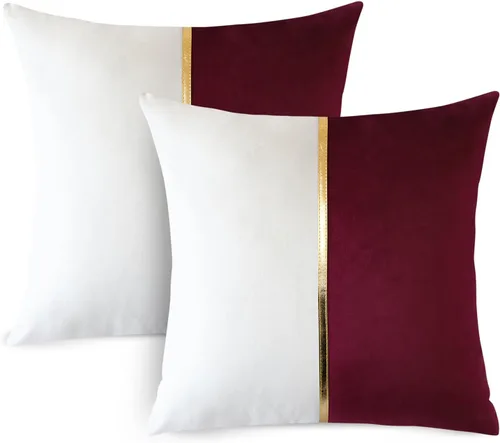 Miniatura 9 de OTOSTAR Fundas de cojín de terciopelo en rojo vino y blanco con parche de cuero dorado, lujo moderno minimalista, fundas de almohada cuadradas