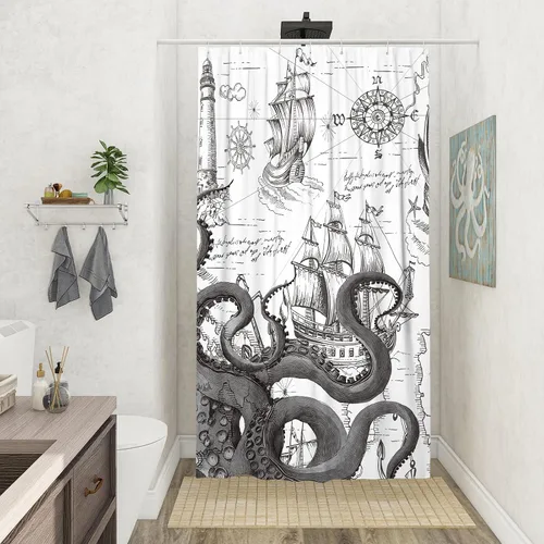 Miniatura 9 de Juego de cortina de ducha pequeña de pulpo náutico azul, divertidas cortinas de ducha estilo kraken de océano para baño, decoración de mapa pirata