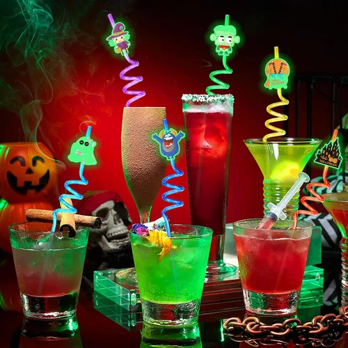 Miniatura 4 de JANYUN - Pajitas luminosas de Halloween, 20 piezas de pajitas de plástico reutilizables y luminosas, suministros para fiesta de Halloween, pajitas
