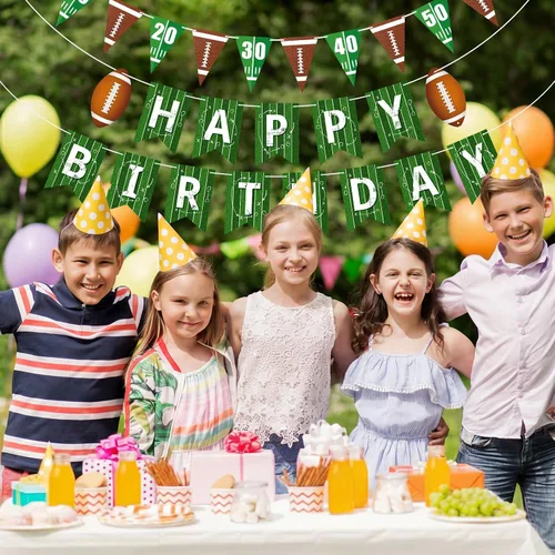 Miniatura 6 de Pasimy 4 pancartas de fútbol para fiesta de cumpleaños, banderines de fútbol con texto en inglés "Happy Birthday", guirnalda circular de papel