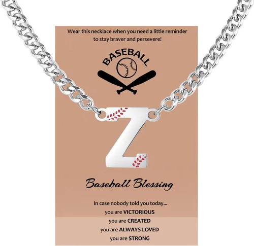 Miniatura 19 de QINJIEJIE Collar de béisbol inicial A-Z con letras, accesorios deportivos, colgante de encanto de béisbol, joyería de cadena de acero inoxidable 2-P