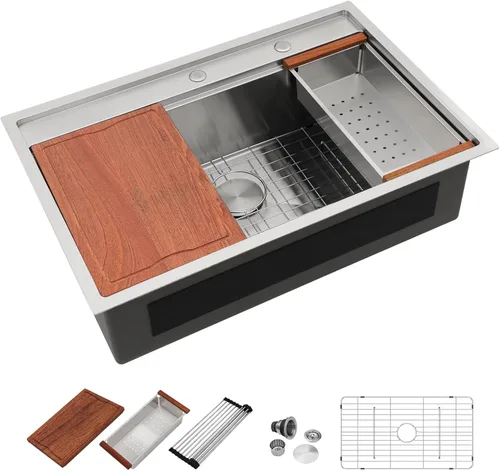 Miniatura 20 de Dcolora 33x22 Fregadero de cocina de acero inoxidable de 16 calibres, estación de trabajo de caída, fregadero de cuenco único grande, montaje