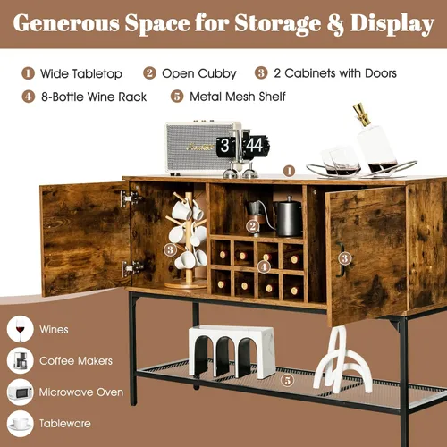 Miniatura 6 de LOKO Gabinete de buffet industrial con almacenamiento, gabinete de vino de cocina para el hogar con estante para 8 botellas y estante de malla