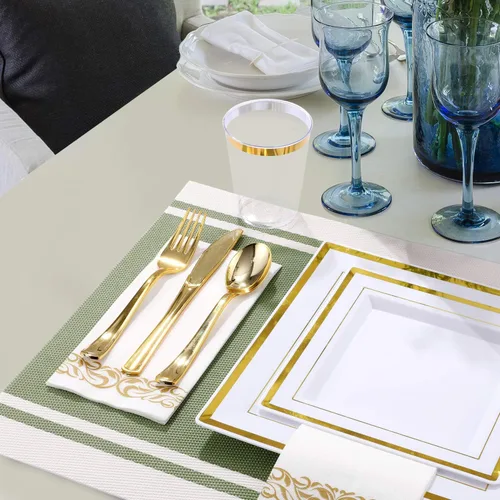 Miniatura 4 de FOCUSLINE Juego de vajilla desechable de 350 unidades para 50 invitados, platos cuadrados de plástico resistentes con borde dorado, incluye 50 Juego