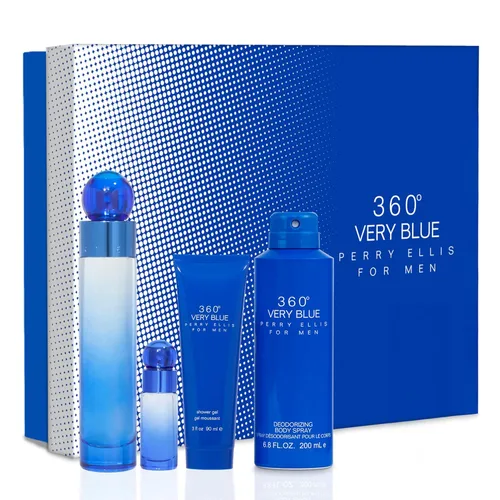 Perry Ellis 360 Very Blue - Juego de regalo de 4 piezas para hombres (3.4 onzas Eau de Toilette en espray + 6.8 onzas de spray corporal + gel de