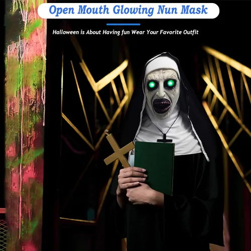 Miniatura 2 de Máscara de terror de monja 2024, máscara de disfraz de cabeza completa con collar de cruz para fiesta de Halloween