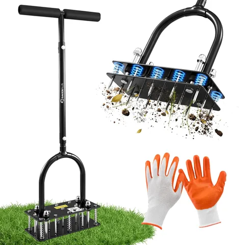 Sakerplus Aireador de césped, aireador de césped manual de metal con base de resorte de rebote, limpieza automática de hojas y suciedad, aireador de