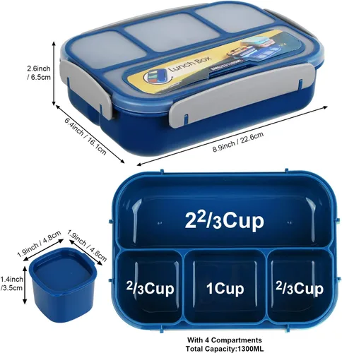 Miniatura 2 de MaMix Lonchera Bento para adultos, lonchera para niños, contenedores de almuerzo para adultos, niños, estudiantes, 44.0 fl oz, 4 compartimentos Azul
