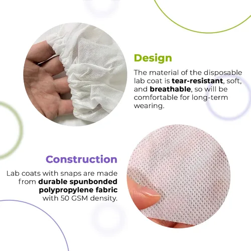 Miniatura 4 de Disposable Lab Coats SPP 50 GSM with Snaps, Elastic Wrists, Folded Collar, and Pocket