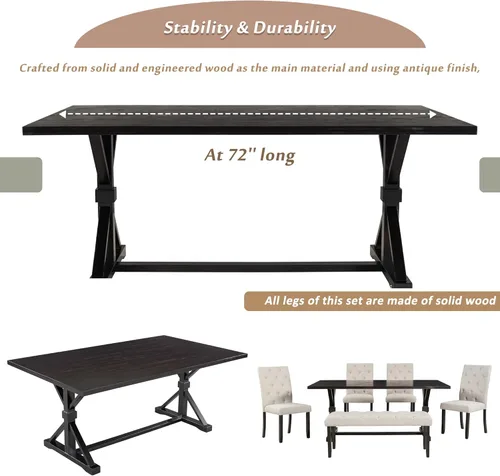 Miniatura 7 de KLMM Juego de mesa de cocina de 6 piezas de madera maciza de mediados de siglo con base de estante con patas cruzadas, 1 banco tapizado y 4 sillas