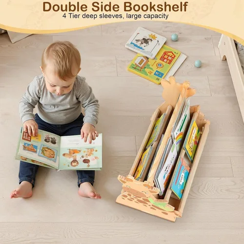 Miniatura 3 de Estantería infantil SheSeek de doble cara con 4 niveles de fundas profundas, estante de libros de madera para niños Montessori para habitación