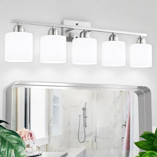Miniatura 19 de Luz de baño de níquel cepillado, Luz de tocador de baño de 2 luces de níquel cepillado, Lámpara de tocador con pantallas de vidrio esmerilado blanco