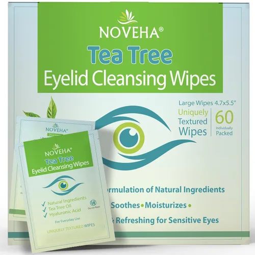 NOVEHA 60 toallitas de aceite de árbol de té para párpados y pestañas, con ácido hialurónico, té verde y manzanilla para blefaritis, picazón y ojos