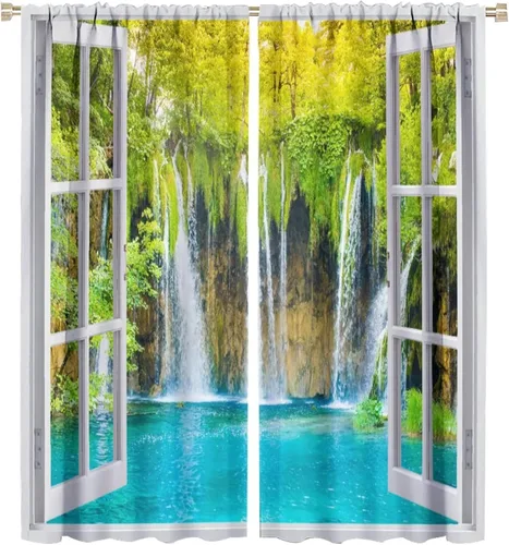 Miniatura 47 de Cortinas de paisaje, ventana tropical con vista al mar, océano, playa, barco, cortinas con estampado de palmeras para dormitorio, sala de estar, Mar