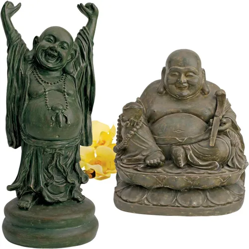 Design Toscano Estatua asiática de decoración santuario, juego de dos, Jolly Hotei y Buda riendo, acabado de bronce Verdigris