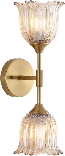 BYOLIIMA Aplique de pared dorado de 2 luces con pantallas de vidrio ámbar, moderno de mediados de siglo, accesorios de luz de pared para tocador de