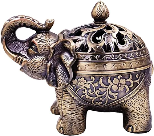 Hourwof Soporte de Incienso de Metal en Forma de Elefante, Quemador de Incienso Vintage en Cono y Bobina con Tapa, Atrapa Cenizas, Ornamento de