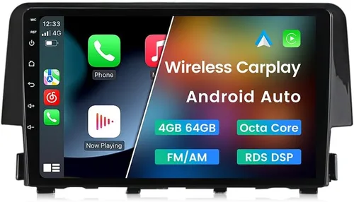 Radio estéreo Android para Honda Civic 2016 2017 2018 2019 2020 2021, 8 núcleos inalámbricos con cable para Car-Play Android Auto GPS Navegación