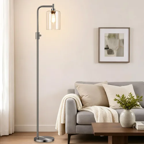 【Actualizada】Lámpara de pie regulable para sala de estar con pantalla de cristal, lámpara de pie moderna de níquel cepillado con bombilla LED de 900