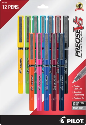 Pilot, Precise V5, Bolígrafos de Tinta Líquida con Tapa de Bola Rodante, Punta Extra Fina 0.5 mm (0.020 in), Colores Surtidos, Paquete de 12
