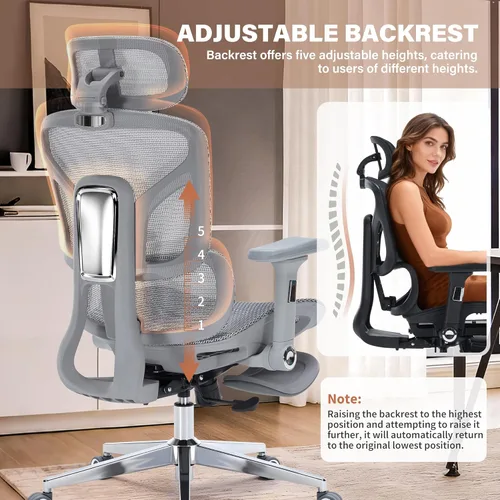 Miniatura 6 de Silla de oficina ergonómica con reposapiés, silla de escritorio de malla resistente de 400 libras, reposabrazos 5D, lumbar 3D, respaldo de 5 Gris