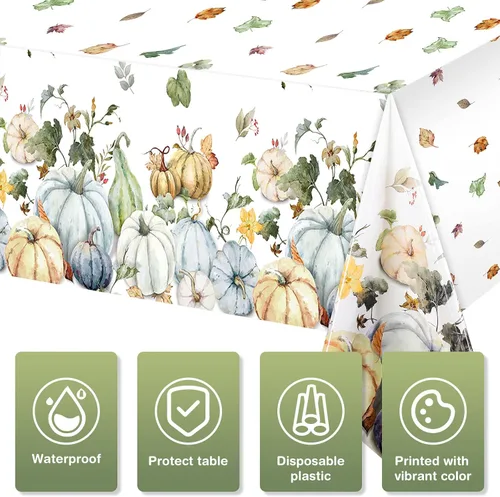 Miniatura 3 de Tiamon Paquete de 3 manteles de plástico desechables de Acción de Gracias, acuarela, calabaza, otoño, 54 x 108 pulgadas, decoración de mesa
