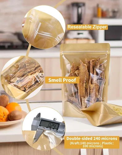 Miniatura 4 de FireKylin 100 bolsas de pie de 3.5 x 5.5 pulgadas, bolsas de papel con ventana frontal transparente, cremallera resellable, almacenamiento de Marrón