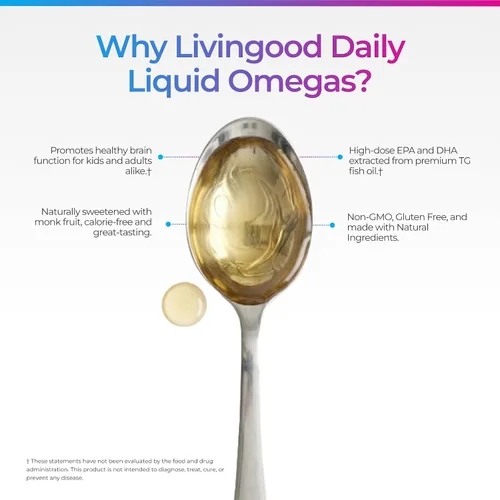 Miniatura 6 de Livingood Daily Aceite de pescado líquido Omega 3, suplemento EPA y DHA con sabor a fruta de monje y naranja, apoya la salud del corazón