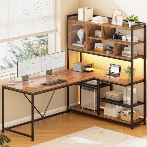 Miniatura 10 de SEDETA Escritorio para Computadora en Forma de L, Escritorio de Oficina de 58'' con Luz LED y Estantería, Escritorio de Esquina en Forma de L