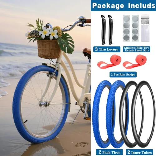 Miniatura 2 de Paquete de 2 neumáticos y tubos de bicicleta Cuiser de playa, 26 pulgadas, 24 x 2.125 pulgadas, 26 neumáticos de bicicleta de playa, rojo o azul