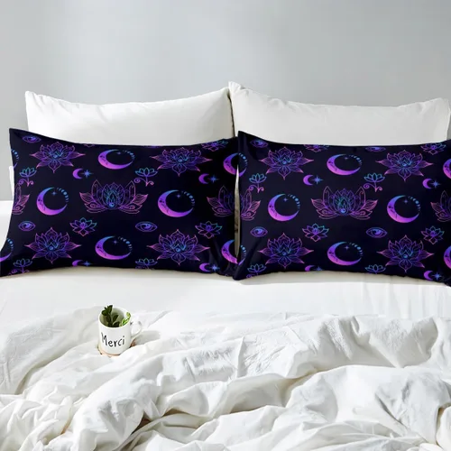 Miniatura 5 de Erosebridal Juego de sábanas tamaño individual con estampado de luna, diseño de flores de loto, color morado degradado, juego de sábanas orientales