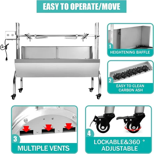 Miniatura 6 de Parrilla asadora de acero inoxidable con protector de cubierta trasera, capacidad de 176 libras, motor de 25 W, asador de cordero pequeño de cerdo