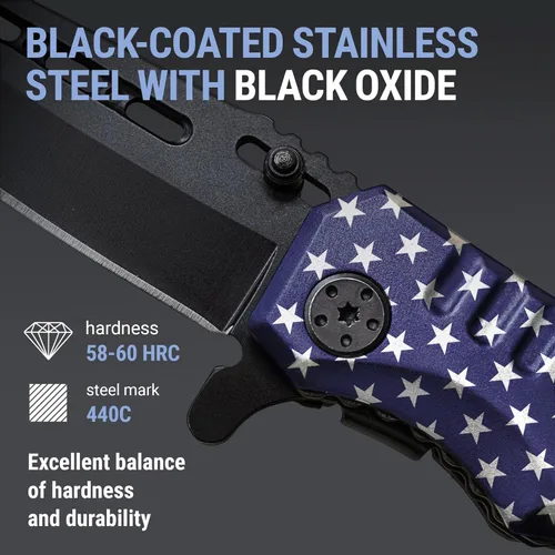Miniatura 3 de Navaja de bolsillo asistida por resorte, plegable, estilo militar, para niños exploradores, cuchillo táctico ideal para acampar, caza, 3. Bandera