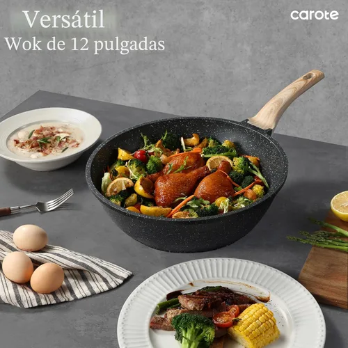 Miniatura 4 de CAROTE Wok antiadherente con tapa de 30.5 cm/4.99 L Woks y sartenes para freír Sartén wok antiadherente de granito para inducción Sartén para freír