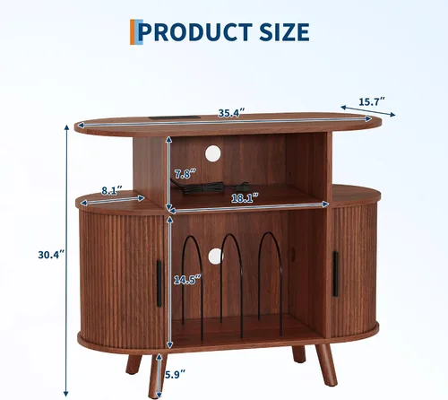 Miniatura 2 de GarveeHome Soporte redondo grande para tocadiscos con estación de carga y puertos USB, soporte para tocadiscos de vinilo rústico, gabinete